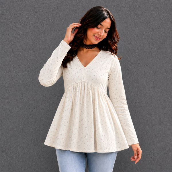 Ivory Ditsy Floral Cotton Peplum Top for Women