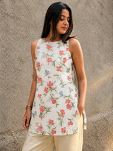 Blush Bloom Floral Cotton Sleeveless Short Kurti for Women