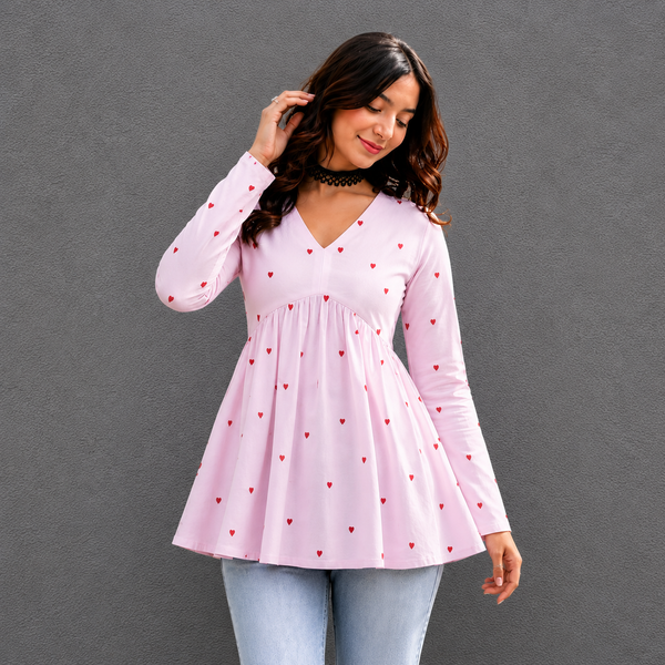 Blush Heart Print Cotton Peplum topTop for Women