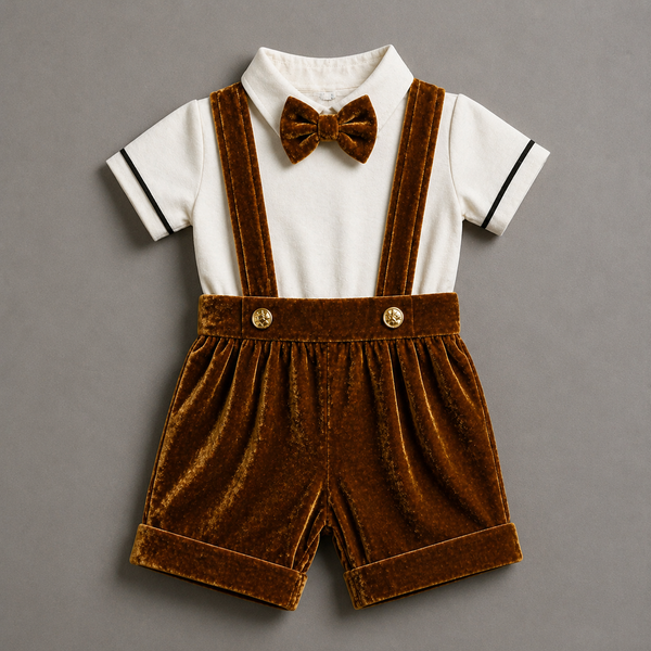 Royal Gold Velvet Suspender Romper – Elegant Baby Party Outfit