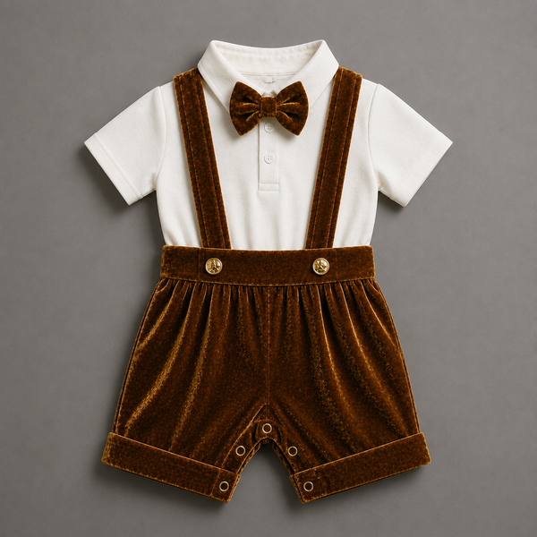 Royal Gold Velvet Suspender Romper – Elegant Baby Party Outfit