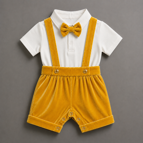 Sunshine Velvet Suspender Romper – Elegant Party Wear for Baby Boys