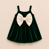 Royal Bottle Green Velvet Baby Romper Dress with Elegant Bow Detail
