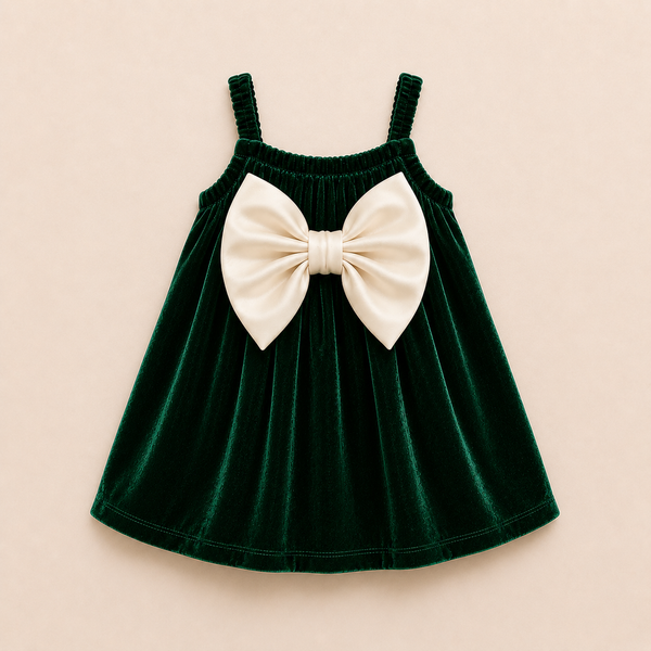 Royal Bottle Green Velvet Baby Romper Dress with Elegant Bow Detail