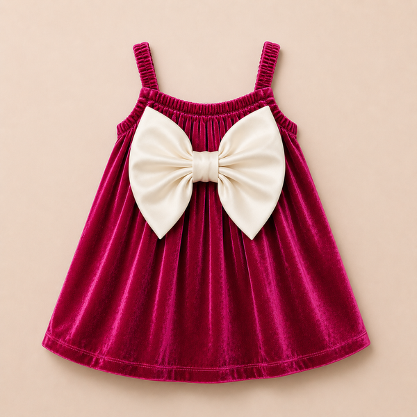 Luxury Pink Velvet Baby Dress with Cream Bow – Party Wear Suspender Frock