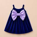 Deep Blue Velvet Baby Dress with Soft Lavender Bow – Party Wear Suspender Frock