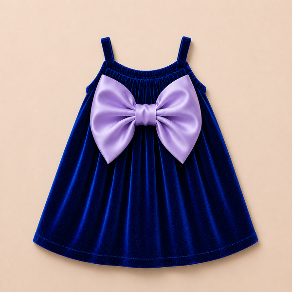 Deep Blue Velvet Baby Dress with Soft Lavender Bow – Party Wear Suspender Frock