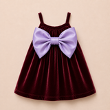 Burgundy Velvet Baby Dress with Soft Lilac Bow – Party Wear Suspender Frock