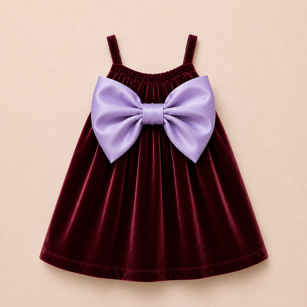Burgundy Velvet Baby Dress with Soft Lilac Bow – Party Wear Suspender Frock