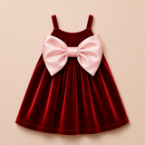 Crimson Velvet Baby Dress with Pastel Pink Bow – Party Wear Suspender Frock
