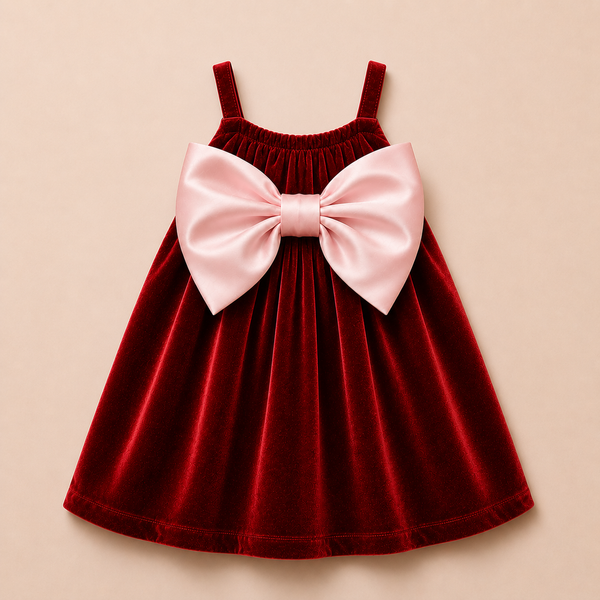 Crimson Velvet Baby Dress with Pastel Pink Bow – Party Wear Suspender Frock