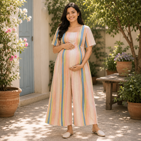 Elegant Pastel Stripe Maternity Maxi