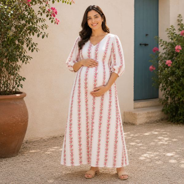 Casual Pastel Striped Floral Maternity Maxi