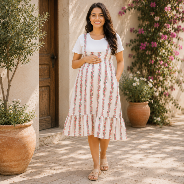 Casual Pastel Striped Floral Maternity Maxi