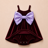 Burgundy Velvet Baby Dress with Soft Lilac Bow – Party Wear Suspender Frock