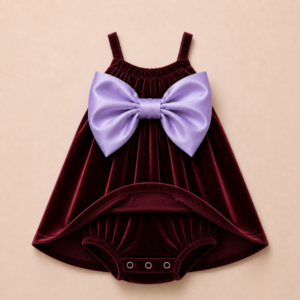 Burgundy Velvet Baby Dress with Soft Lilac Bow – Party Wear Suspender Frock