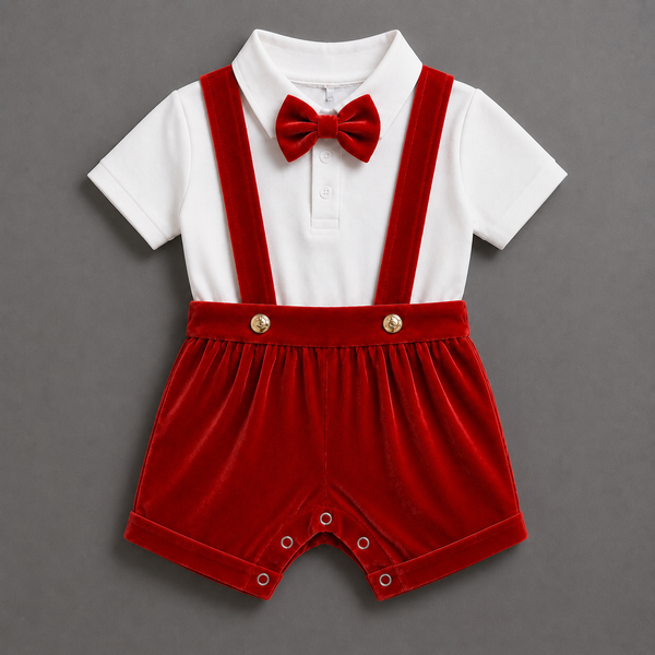 Ruby Red Velvet Suspender Romper – Luxury Baby Occasion Wear