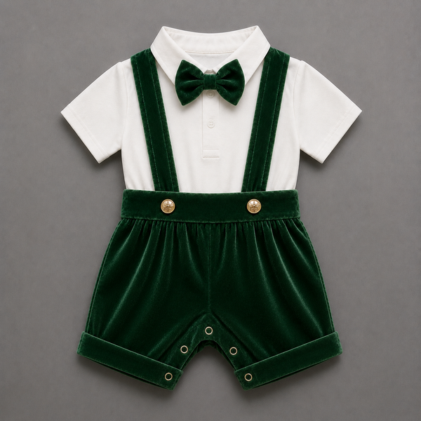 Bottle Green Velvet Suspender Romper – Luxury Baby Occasion Wear