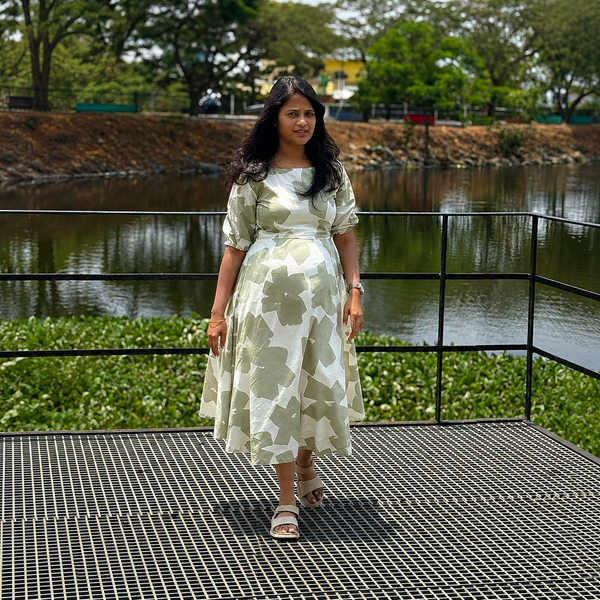 Olive Green & White Leaf Print Maternity Dress – Elegant Everyday Comfort