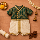 Royal Green & Cream Baby Ethnic Romper – Festive Silk Outfit for Little Boys