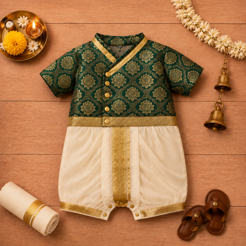 Royal Green & Cream Baby Ethnic Romper – Festive Silk Outfit for Little Boys