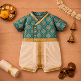 Elegant Teal & Cream Baby Ethnic Romper – Festive Silk Outfit for Little Boys