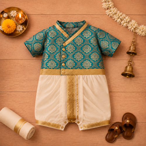 Elegant Teal & Cream Baby Ethnic Romper – Festive Silk Outfit for Little Boys