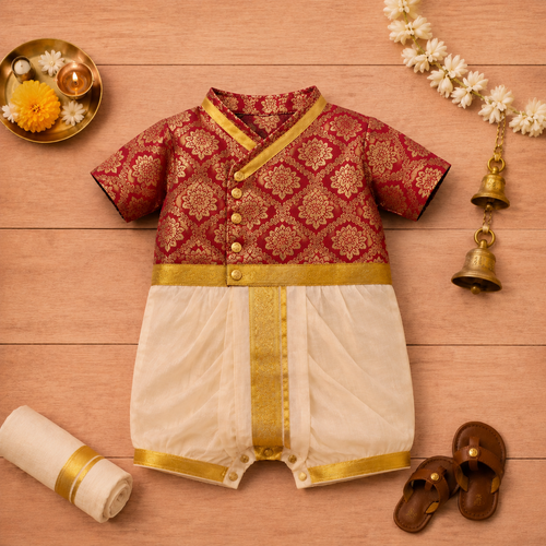 Elegant Maroon & Cream Baby Ethnic Romper – Festive Silk Outfit for Little Boys