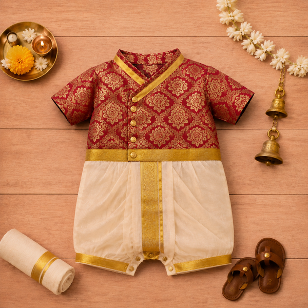 Elegant Maroon & Cream Baby Ethnic Romper – Festive Silk Outfit for Little Boys