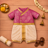 Vibrant Magenta & Cream Baby Ethnic Romper – Festive Silk Outfit for Little Boys