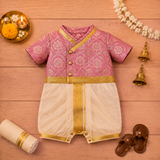 Elegant Blush Pink & Gold Baby Ethnic Romper – Traditional Festive Outfit for Little Boys