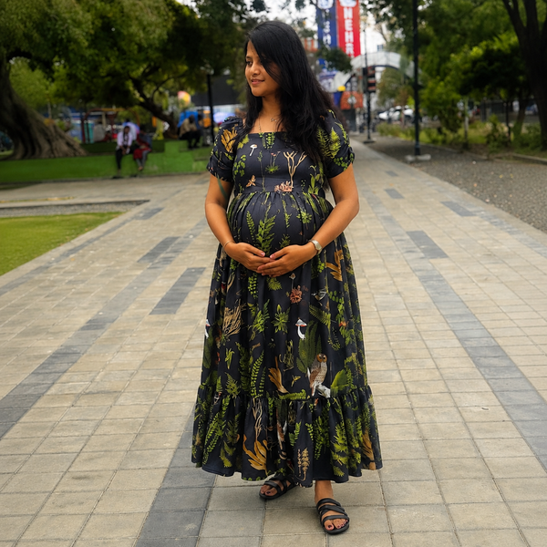 Elegant Black Botanical Maternity Dress – Maxi Dress for Moms-to-Be