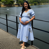 Elegant Blue & White Striped Maternity Dress – Comfort & Style for Moms-to-Be