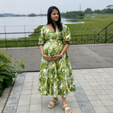 Tropical Green & White Maternity Dress – Puff Sleeve Baby Bump Friendly Dress