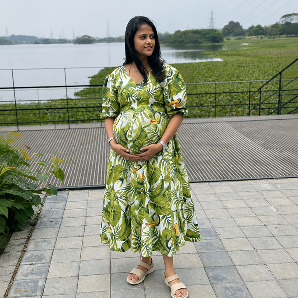 Tropical Green & White Maternity Dress – Puff Sleeve Baby Bump Friendly Dress