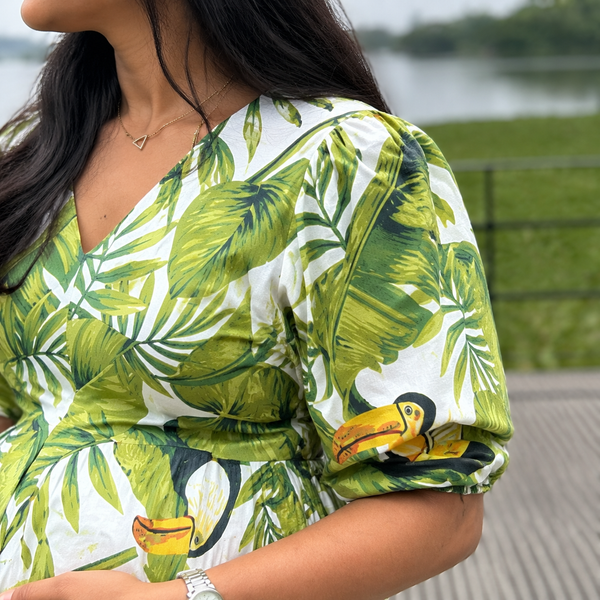 Tropical Green & White Maternity Dress – Puff Sleeve Baby Bump Friendly Dress