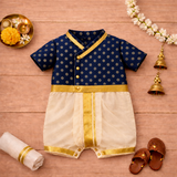 Royal Blue & Cream Baby Ethnic Romper – Traditional Silk Festive Outfit for Little Boys