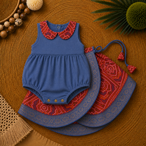 Indigo Blue & Bandhani Baby Ethnic Romper – Traditional Festive Outfit for Little Girls