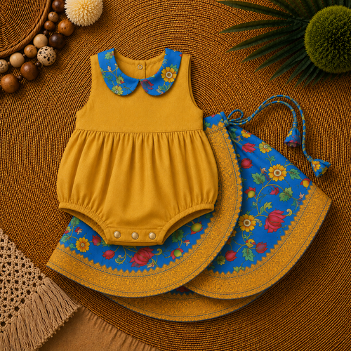 Mustard Yellow & Royal Blue Baby Ethnic Romper – Traditional Floral Festive Outfit for Little Girls