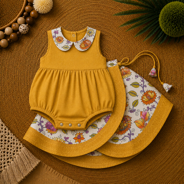 Sunflower Yellow & Floral Baby Ethnic Romper – Traditional Festive Outfit for Little Girls