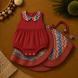 Royal Red & Multicolor Baby Ethnic Romper – Traditional Ikat Festive Outfit for Little Girls