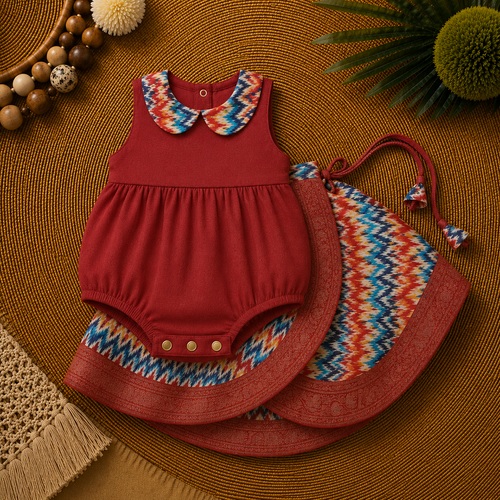 Royal Red & Multicolor Baby Ethnic Romper – Traditional Ikat Festive Outfit for Little Girls