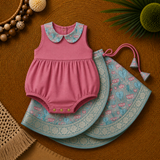 Blush Pink & Mint Blue Baby Ethnic Romper – Traditional Floral Festive Outfit for Little Girls