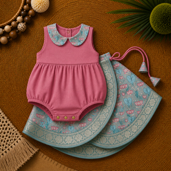 Blush Pink & Mint Blue Baby Ethnic Romper – Traditional Floral Festive Outfit for Little Girls