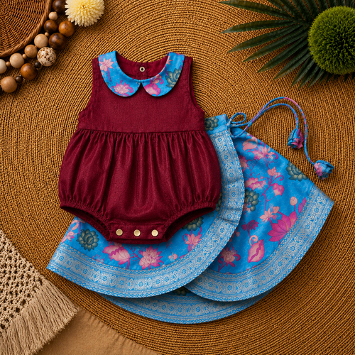 Royal Maroon & Aqua Blue Baby Ethnic Romper – Traditional Silk Festive Outfit for Little Girls