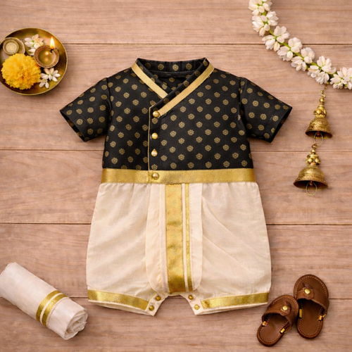 Classic Black & Gold Baby Ethnic Romper – Premium Traditional Festive Wear