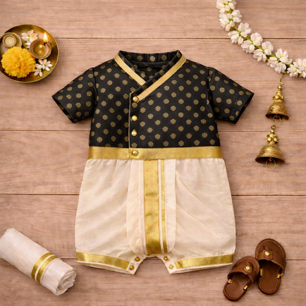 Classic Black & Gold Baby Ethnic Romper – Premium Traditional Festive Wear