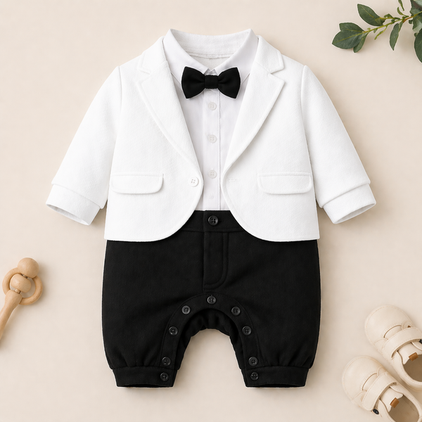 Charming Tuxedo Romper – Elegant Formal Outfit for Little Ones