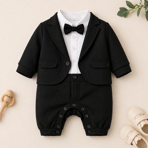 Charming Tuxedo Romper – Elegant Formal Outfit for Little Ones
