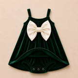 Royal Bottle Green Velvet Baby Romper Dress with Elegant Bow Detail